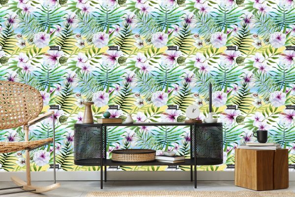 Behang Hibiscusorchidee En Palmbladeren - Afbeelding 5
