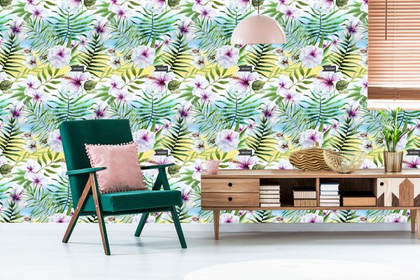 Behang Hibiscusorchidee En Palmbladeren - Afbeelding 6