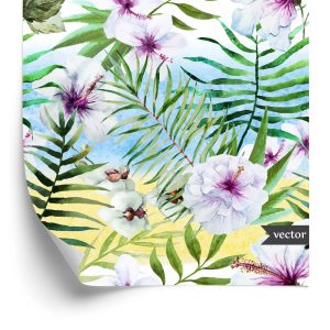 Behang Hibiscusorchidee En Palmbladeren