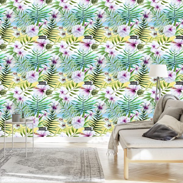 Behang Hibiscusorchidee En Palmbladeren - Afbeelding 3