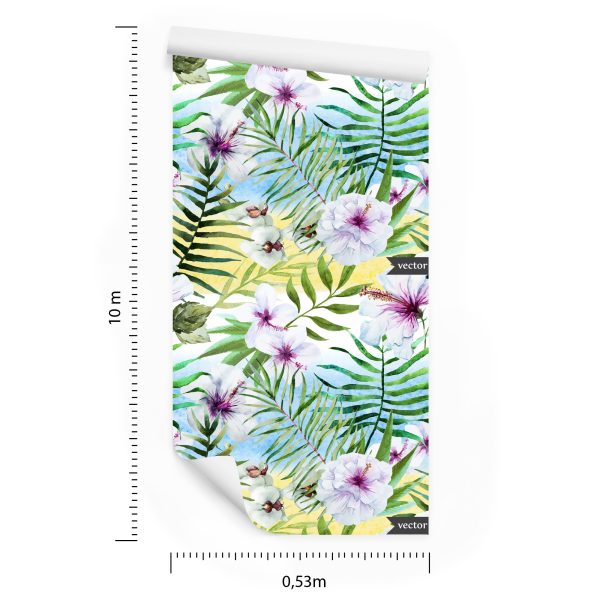 Behang Hibiscusorchidee En Palmbladeren - Afbeelding 8