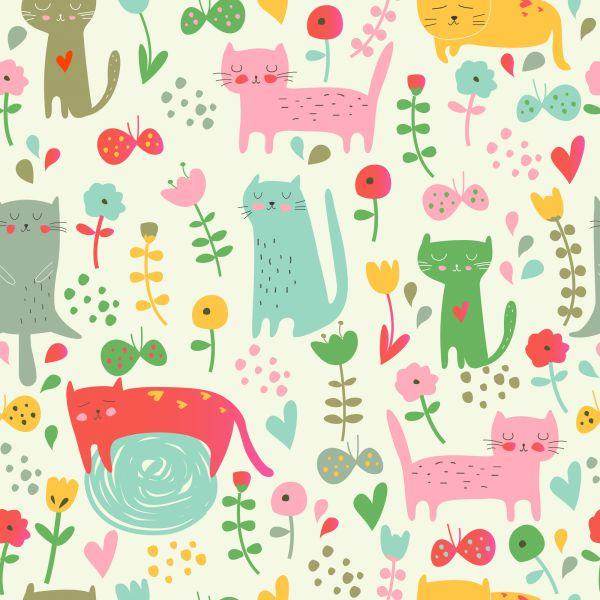 Behang Voor Kinderen - Kleurrijke Katten En Planten - Afbeelding 2