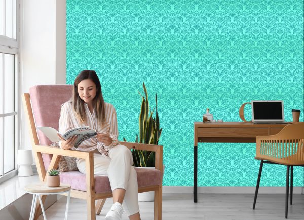 Behang Mooie Turquoise Bloem Ornamenten - Afbeelding 7