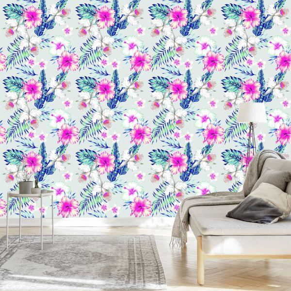 Behang Exotische Bloemen En Bladeren - Afbeelding 3