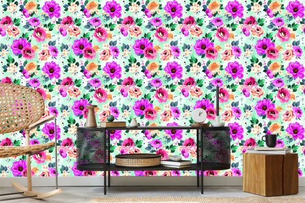 Behang Prachtige Bloemen Geschilderd Met Waterverf - Afbeelding 5