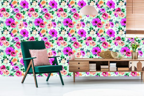 Behang Prachtige Bloemen Geschilderd Met Waterverf - Afbeelding 6