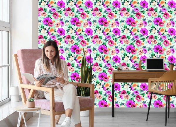 Behang Prachtige Bloemen Geschilderd Met Waterverf - Afbeelding 7