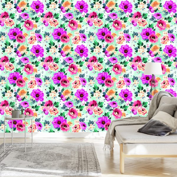 Behang Prachtige Bloemen Geschilderd Met Waterverf - Afbeelding 3