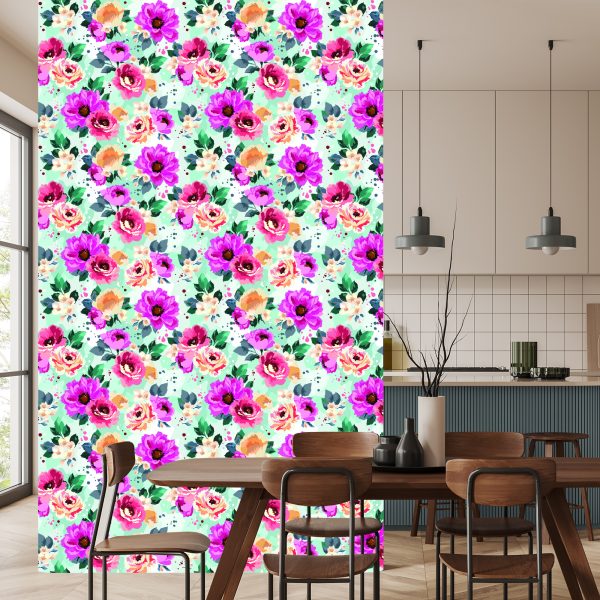 Behang Prachtige Bloemen Geschilderd Met Waterverf - Afbeelding 4