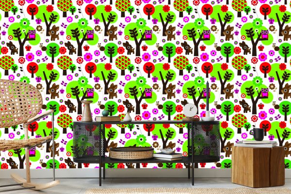 Behang Voor Kinderen - Bosdieren, Kleurrijke Bloemen En Bomen - Afbeelding 5