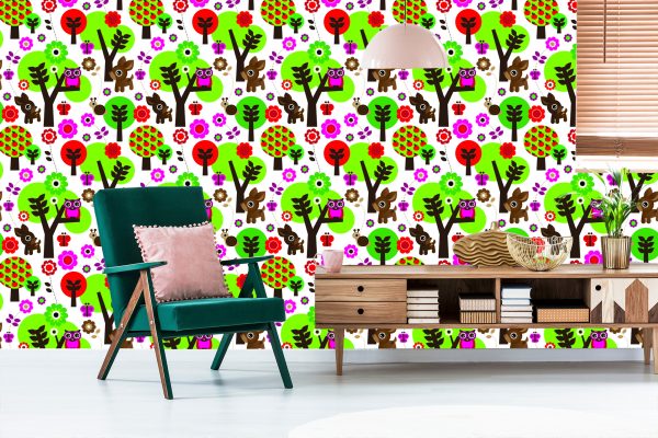 Behang Voor Kinderen - Bosdieren, Kleurrijke Bloemen En Bomen - Afbeelding 6