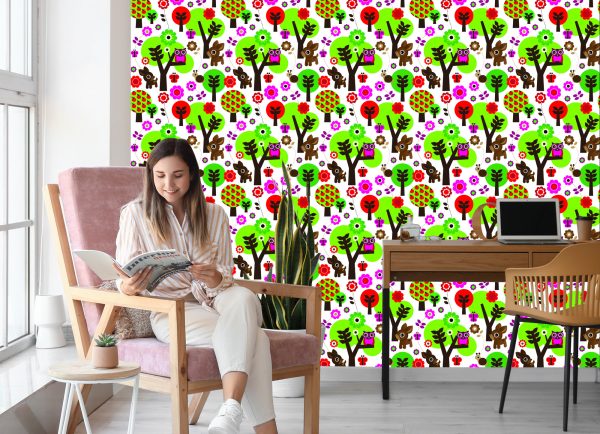 Behang Voor Kinderen - Bosdieren, Kleurrijke Bloemen En Bomen - Afbeelding 7