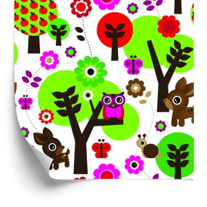 Behang Voor Kinderen - Bosdieren, Kleurrijke Bloemen En Bomen