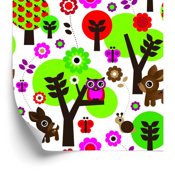 Behang Voor Kinderen - Bosdieren, Kleurrijke Bloemen En Bomen