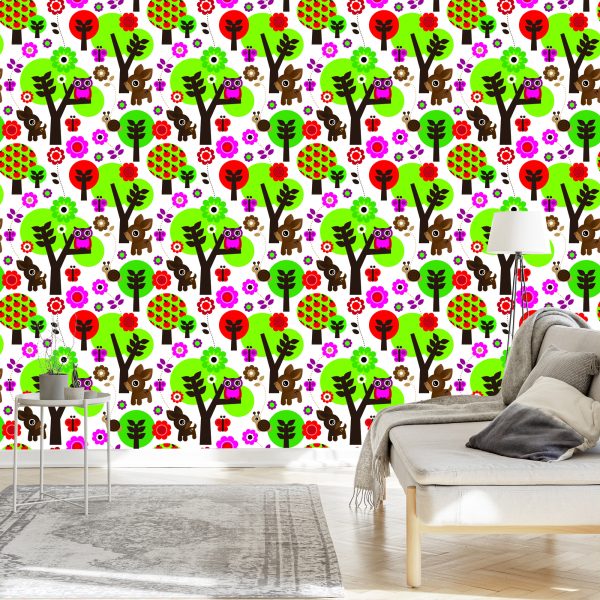 Behang Voor Kinderen - Bosdieren, Kleurrijke Bloemen En Bomen - Afbeelding 3