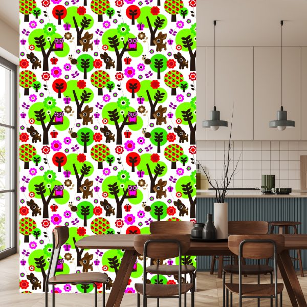 Behang Voor Kinderen - Bosdieren, Kleurrijke Bloemen En Bomen - Afbeelding 4