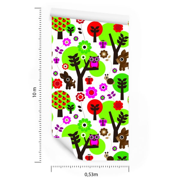Behang Voor Kinderen - Bosdieren, Kleurrijke Bloemen En Bomen - Afbeelding 8