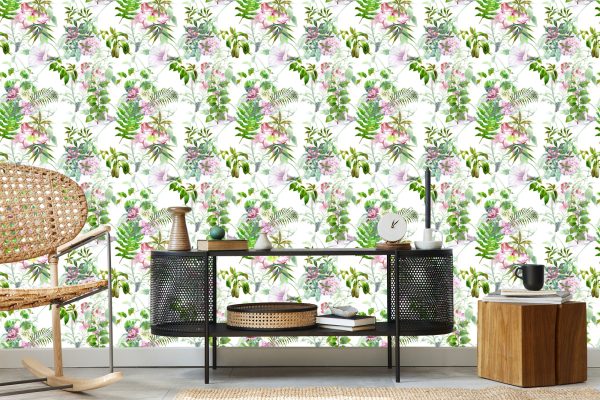 Behang Aquarel Bladeren En Bloemen - Afbeelding 5