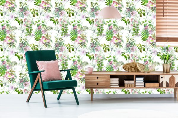 Behang Aquarel Bladeren En Bloemen - Afbeelding 6