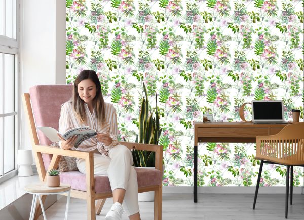 Behang Aquarel Bladeren En Bloemen - Afbeelding 7