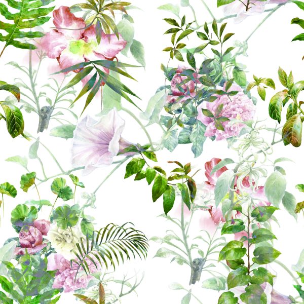 Behang Aquarel Bladeren En Bloemen - Afbeelding 2