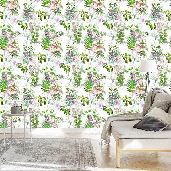 Behang Aquarel Bladeren En Bloemen - Afbeelding 3