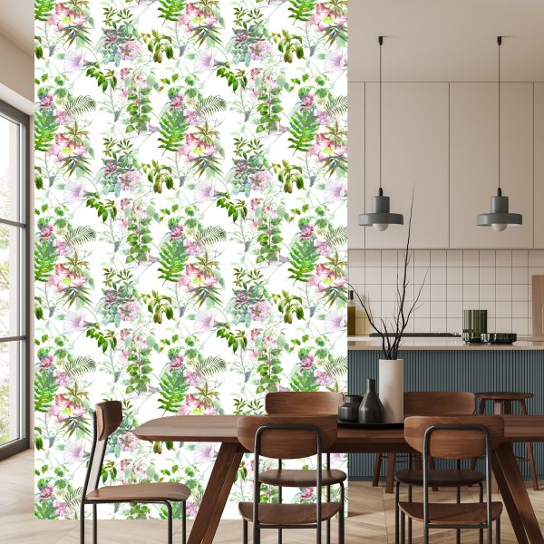 Behang Aquarel Bladeren En Bloemen - Afbeelding 4