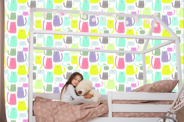 Behang Voor Kinderen - Kleurrijke Vrolijke Katten - Afbeelding 7