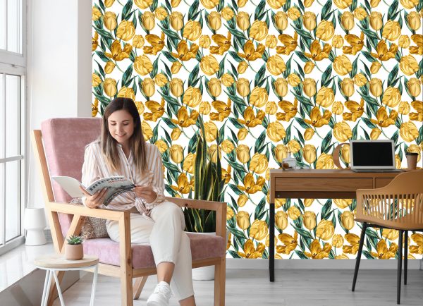 Behang Gele Tulpen Op Een Witte Achtergrond - Afbeelding 7