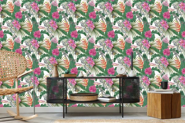 Behang Prachtige Bladeren Exotische Bloemen - Afbeelding 5