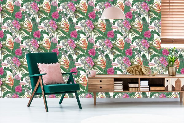Behang Prachtige Bladeren Exotische Bloemen - Afbeelding 6