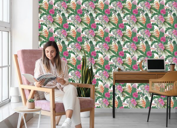 Behang Prachtige Bladeren Exotische Bloemen - Afbeelding 7
