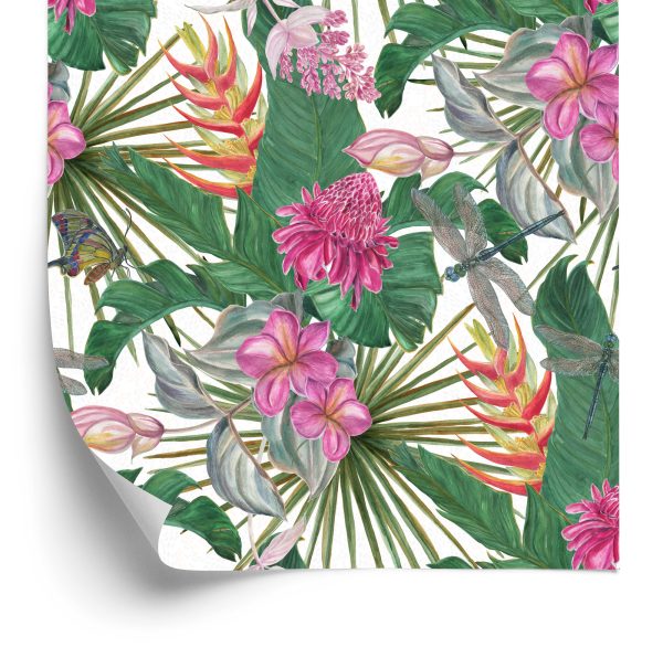 Behang Prachtige Bladeren Exotische Bloemen