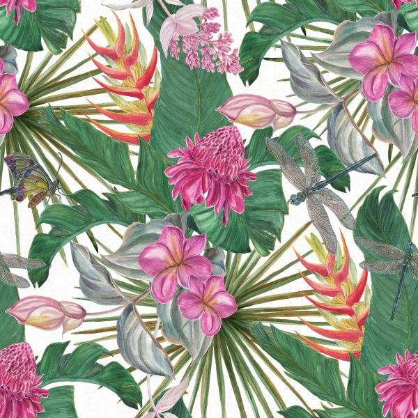 Behang Prachtige Bladeren Exotische Bloemen - Afbeelding 2