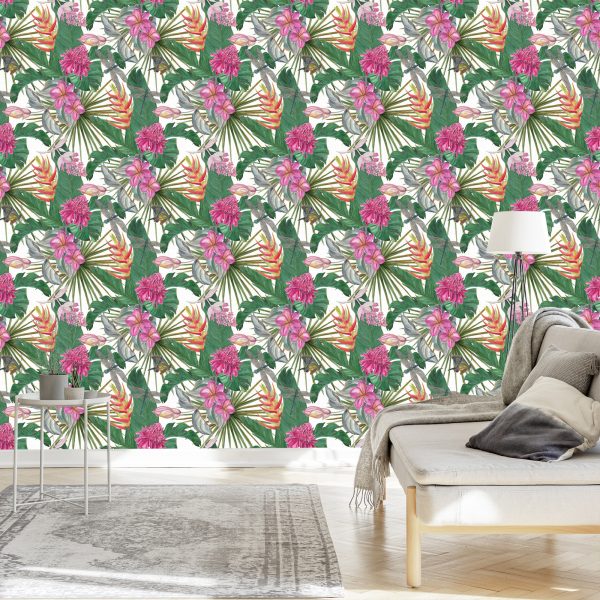 Behang Prachtige Bladeren Exotische Bloemen - Afbeelding 3