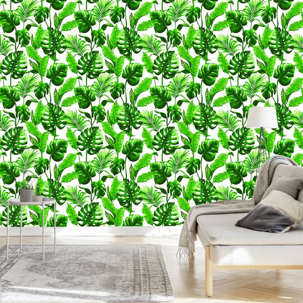Behang Monstera En Palmbladeren - Afbeelding 3