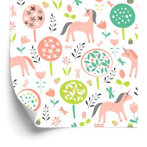 Behang Voor Kinderen - Kleurrijke Eenhoorns En Planten
