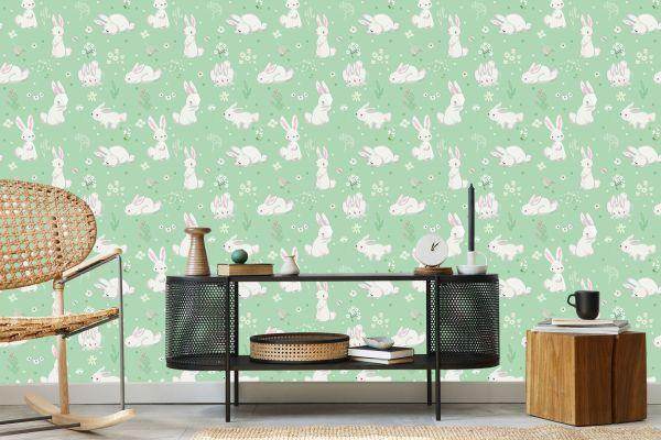 Behang Voor Kinderen. Konijntjes. Bloemen. Sprookjesachtige Decoratie - Afbeelding 5