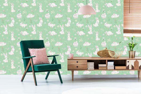 Behang Voor Kinderen. Konijntjes. Bloemen. Sprookjesachtige Decoratie - Afbeelding 6