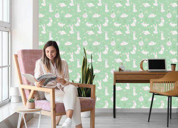Behang Voor Kinderen. Konijntjes. Bloemen. Sprookjesachtige Decoratie - Afbeelding 7