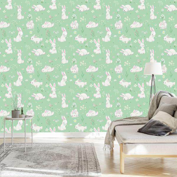 Behang Voor Kinderen. Konijntjes. Bloemen. Sprookjesachtige Decoratie - Afbeelding 3