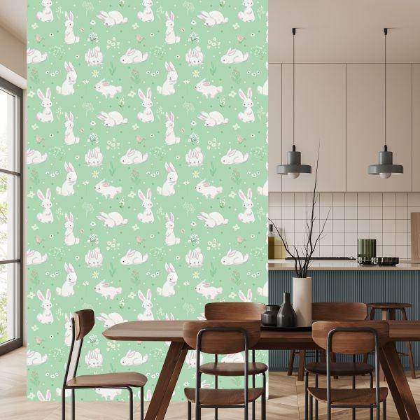 Behang Voor Kinderen. Konijntjes. Bloemen. Sprookjesachtige Decoratie - Afbeelding 4