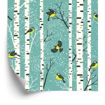 Behang Berken En Kleurrijke Vogels In De Winter