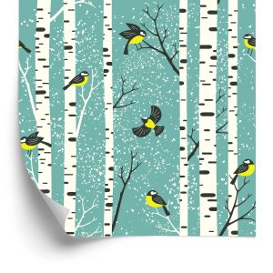 Behang Berken En Kleurrijke Vogels In De Winter