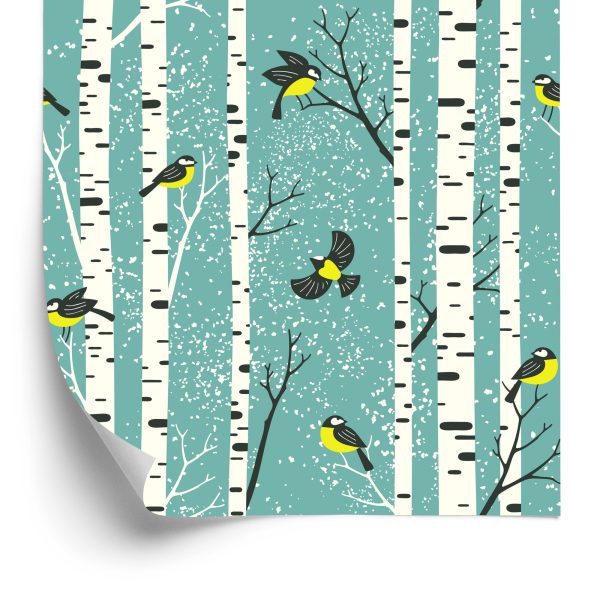 Behang Berken En Kleurrijke Vogels In De Winter