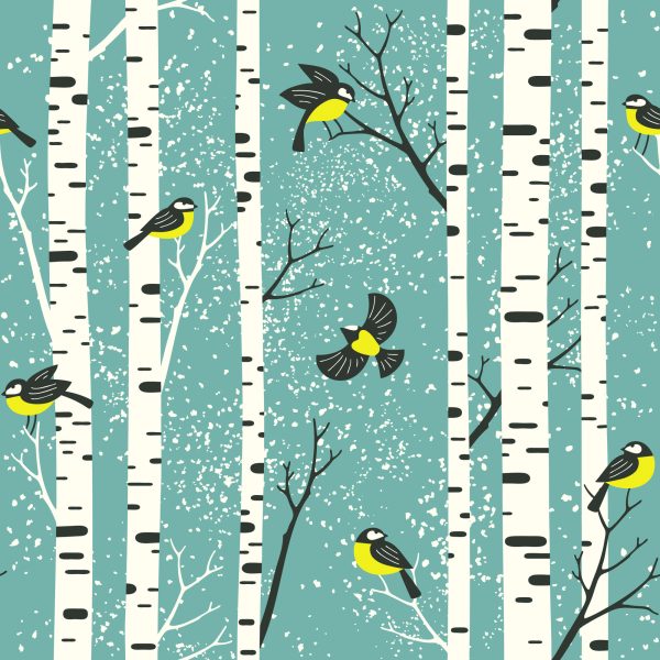 Behang Berken En Kleurrijke Vogels In De Winter - Afbeelding 2