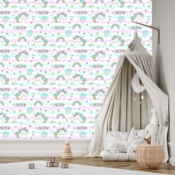 Behang Voor Kinderen - Eenhoorns, Wolken En Regenbogen - Afbeelding 3