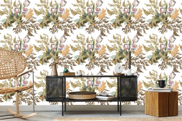 Behang Bladeren En Tulpen In Vintage Stijl - Afbeelding 5