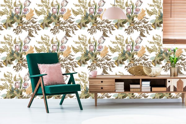 Behang Bladeren En Tulpen In Vintage Stijl - Afbeelding 6