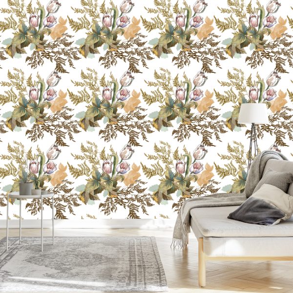 Behang Bladeren En Tulpen In Vintage Stijl - Afbeelding 3